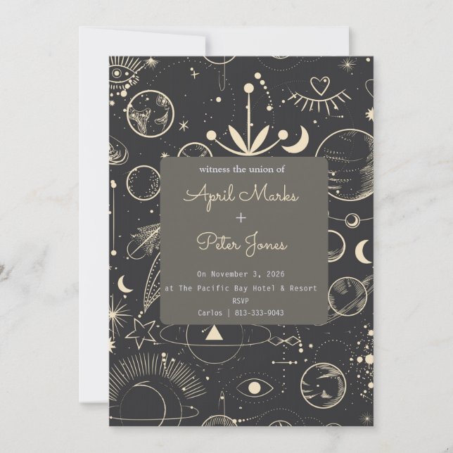 Convite de Casamento Fases da Lua Celestial Preto (Frente)