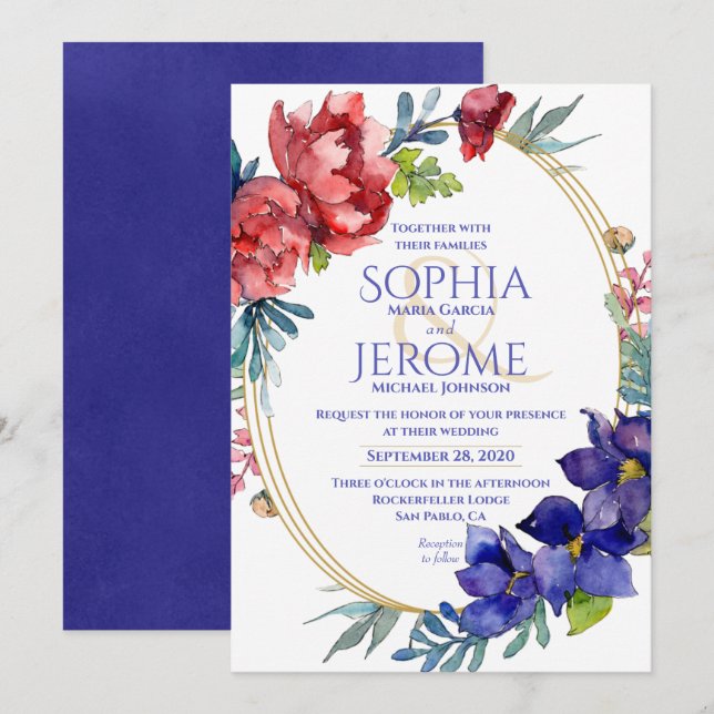 Convite De Casamento | Felicidade Aquarela Floral (Frente/Verso)