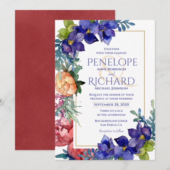 Convite De Casamento | Felicidade Aquarela Floral (Frente/Verso)