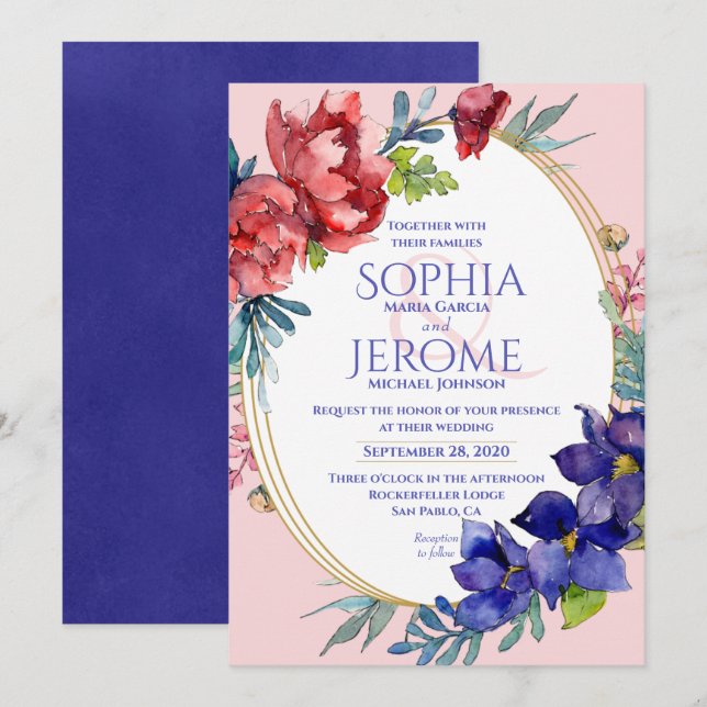 Convite De Casamento | Felicidade Aquarela Floral (Frente/Verso)