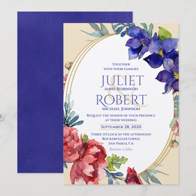 Convite De Casamento | Felicidade Aquarela Floral (Frente/Verso)