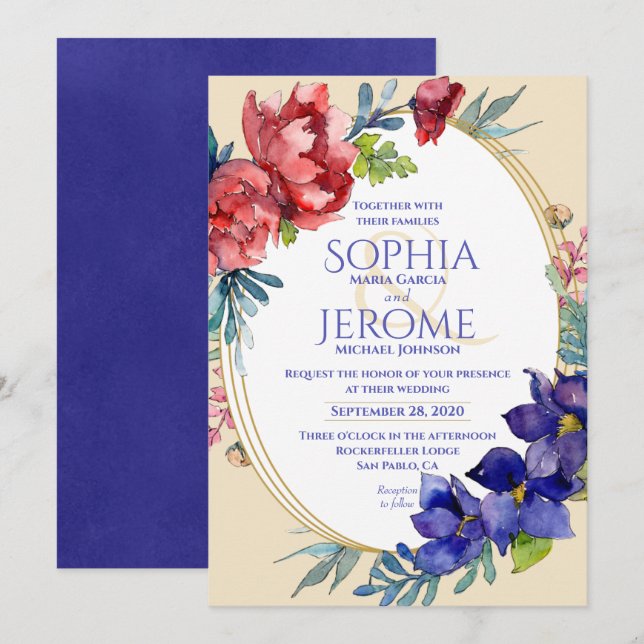 Convite De Casamento | Felicidade Aquarela Floral (Frente/Verso)