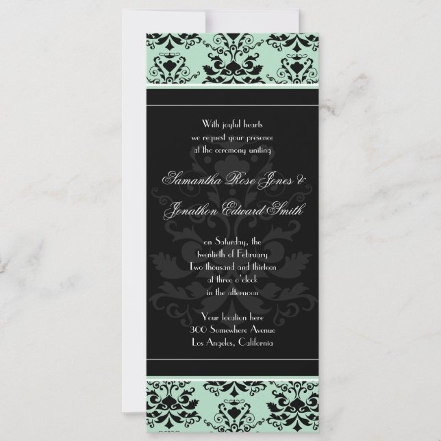 Convite de casamento fino de Mint e Black Damask (Frente)