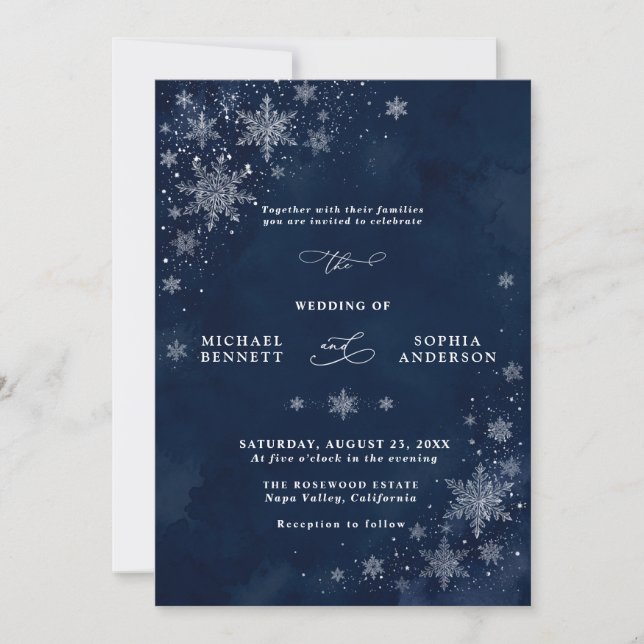 Convite de Casamento Flocos de Neve da Meia-Noite (Frente)