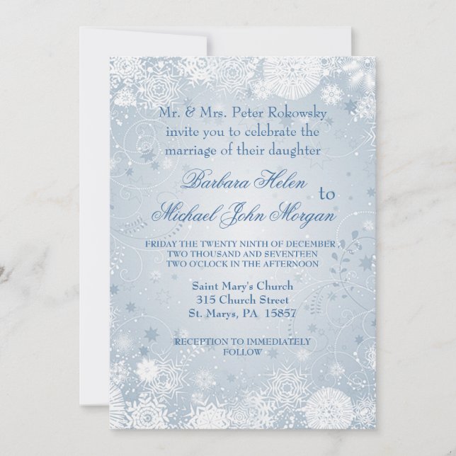 Convite de Casamento flocos de neve prata azul (Frente)