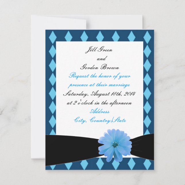 Convite de Casamento Flor Azul Fita Preta (Frente)