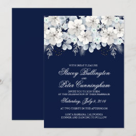 Convite de casamento - flor branca sakura marinho 