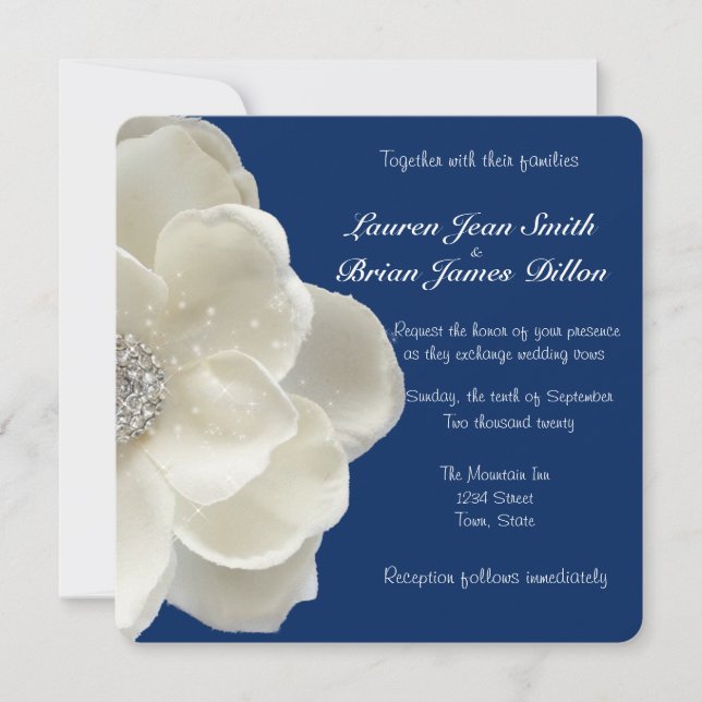Convite de Casamento, Flor Brilhante, Branco Elega (Frente)
