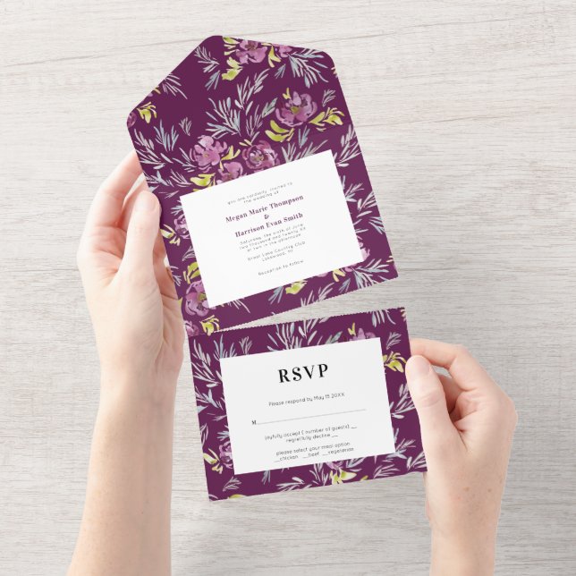 Convite de Casamento Flor de Aquarela Roxa Moderna (Tearaway)