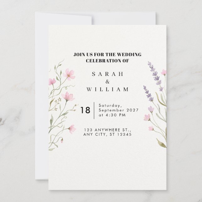 Convite de Casamento Flor de Campo Rosa Lavanda Pa (Frente)