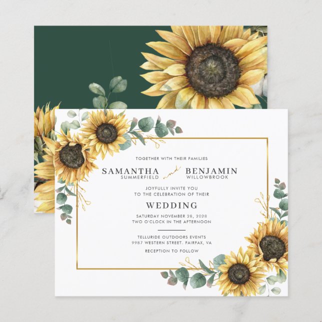 Convite de Casamento Flor de Girassol Eucalipto (Frente/Verso)
