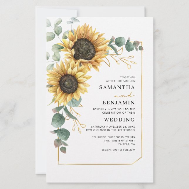 Convite de Casamento Flor de Girassol Eucalipto (Frente)