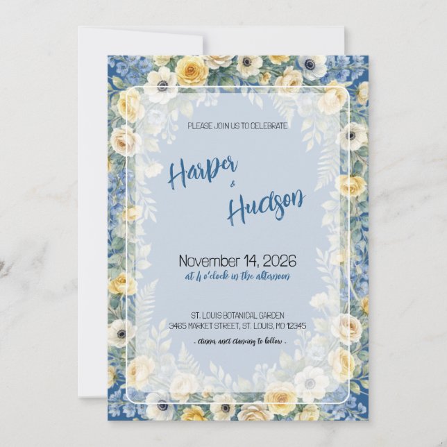 Convite de Casamento Flor de Índigo e Amarelo (Frente)