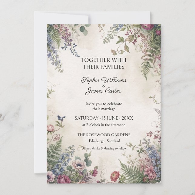 Convite de Casamento Flor de Lavanda Cor de Rosa (Frente)