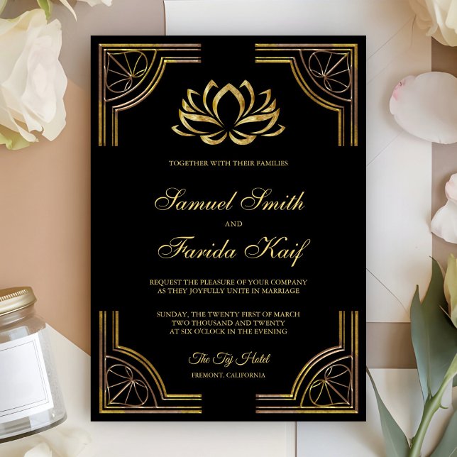 Convite de Casamento Flor de Lótus Preto Elegante  (Criador carregado)