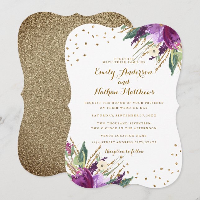 Convite de Casamento Flor de Ouro Roxo Aquarela (Frente/Verso)