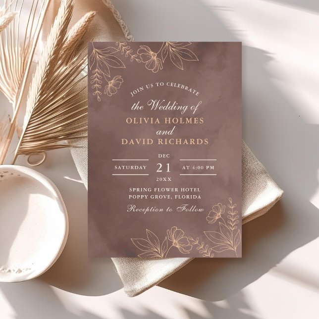 Convite de Casamento Flor de Pêssego Terracota (Terracotta Peach Floral Blossom Wedding Invitation on a sunny boho table.)