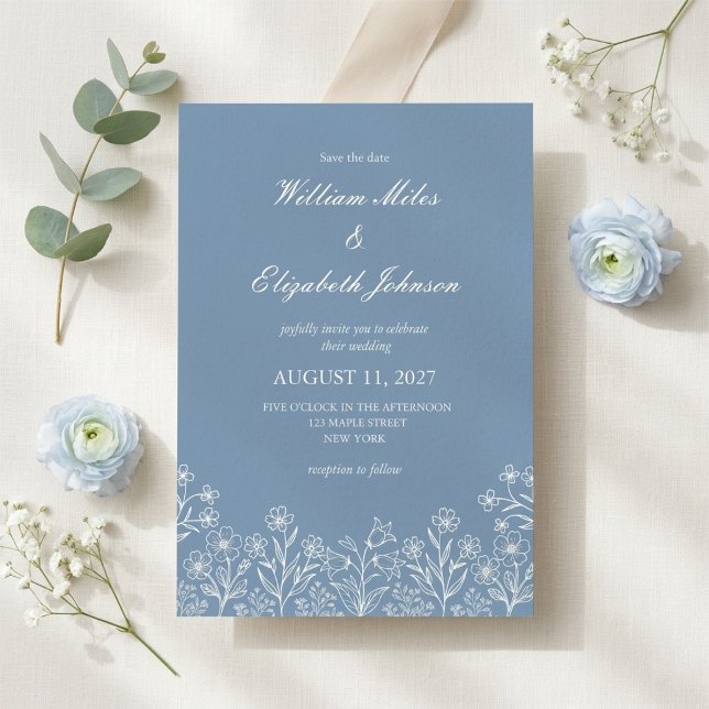 Convite de Casamento Flor Silvestre Azul Desbotado (Criador carregado)