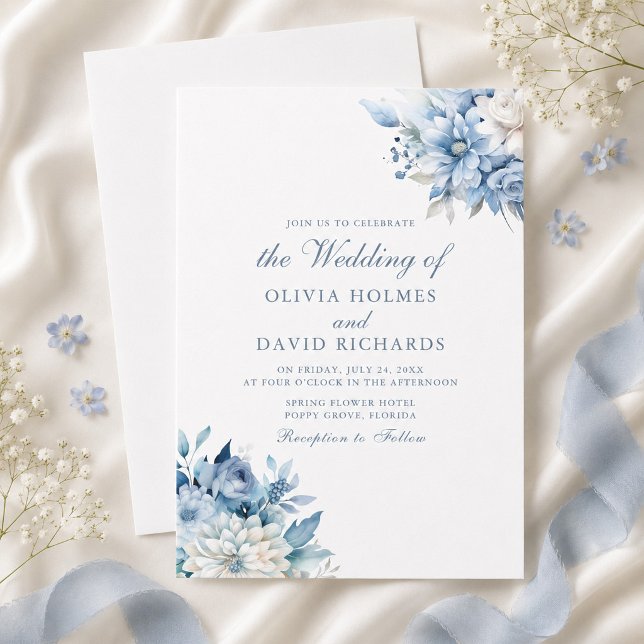 Convite de Casamento Flor Silvestre Azul Empoeirad (Dusty Blue Wildflower Wedding Invitation)