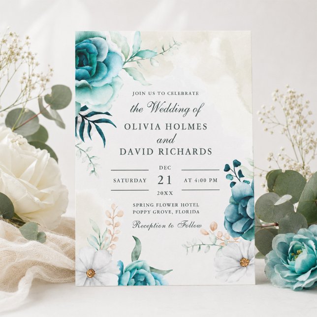Convite de Casamento Flor Silvestre Azul-verde | J (Teal Wildflower Wedding Invitation | Boho Garden)