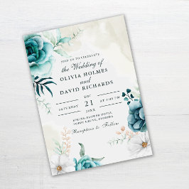 Convite de Casamento Flor Silvestre Azul-verde | J