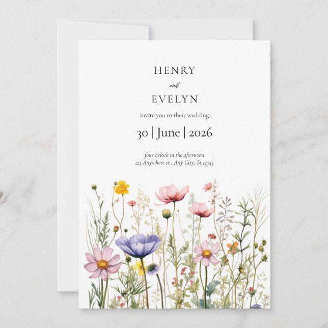 Convite de Casamento Flor Silvestre Boho Floral Mo (Frente)