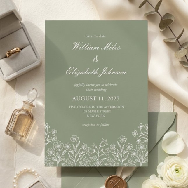 Convite de Casamento Flor Silvestre Verde Sálvia (Criador carregado)