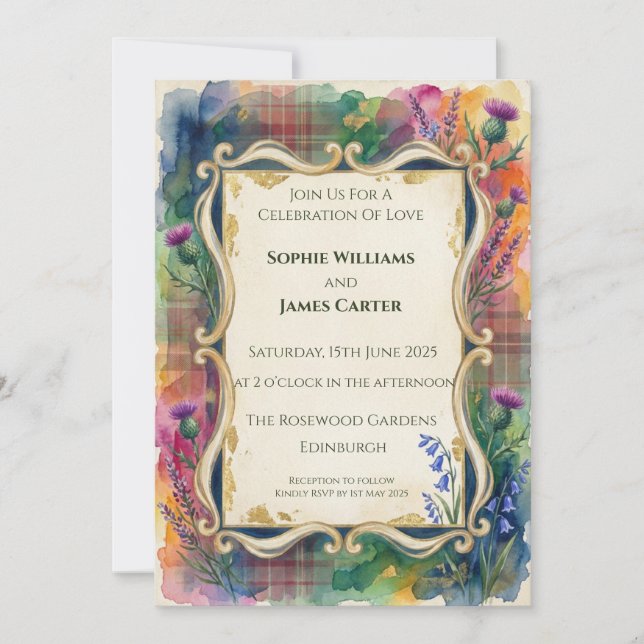 Convite de Casamento Flor Silvestre Xadrez Arco-ír (Frente)