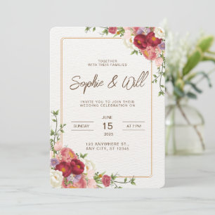 Convite de Casamento Flor Vermelha Escura Elegante