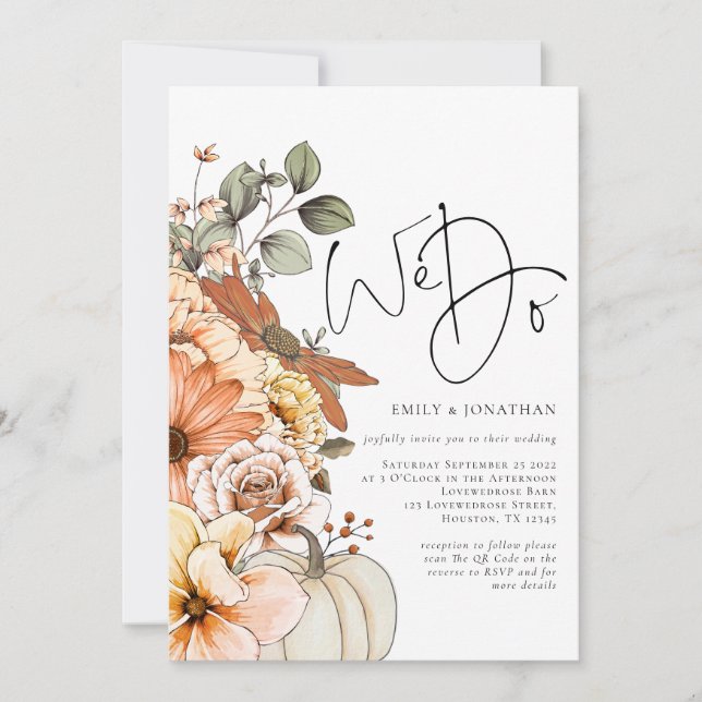 Convite de Casamento Florais Abóbora Outono Nós Fa (Frente)