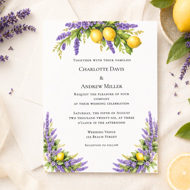 Convite de casamento florais lavanda limões (Criador carregado)