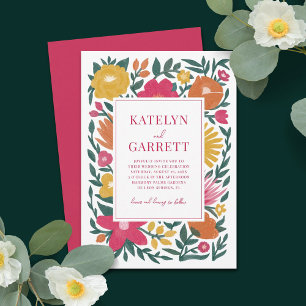 Convite de Casamento Florais Magenta Laranja Amare
