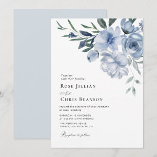 convite de casamento floral a azul-poeirento boêmi
