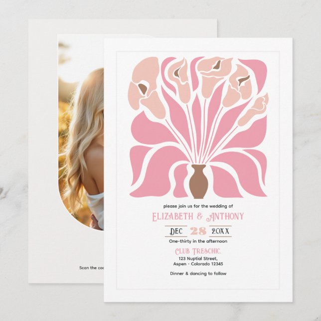 Convite de Casamento Floral Abstrato Boho Peony &  (Frente/Verso)
