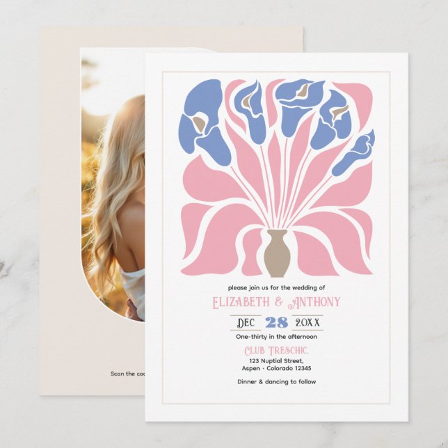 Convite de Casamento Floral Abstrato Boho Rosa Pét (Frente/Verso)