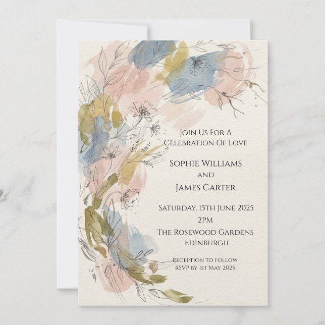 Convite de Casamento Floral Abstrato Pastel (Frente)