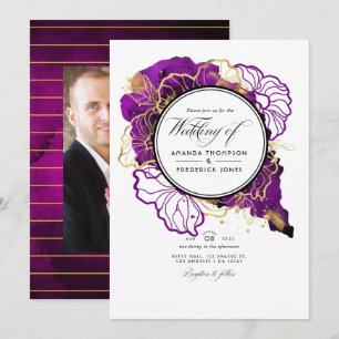 Convite de Casamento Floral Abstrato Roxo e Dourad