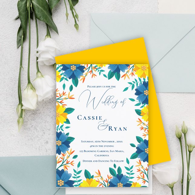 Convite De Casamento Floral Amarelo Amarelo Chic T (Chic Trendy Blue Yellow Floral Wedding Invitation Postcard)