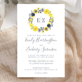 Convite de Casamento Floral Amarelo Cinza Monogram