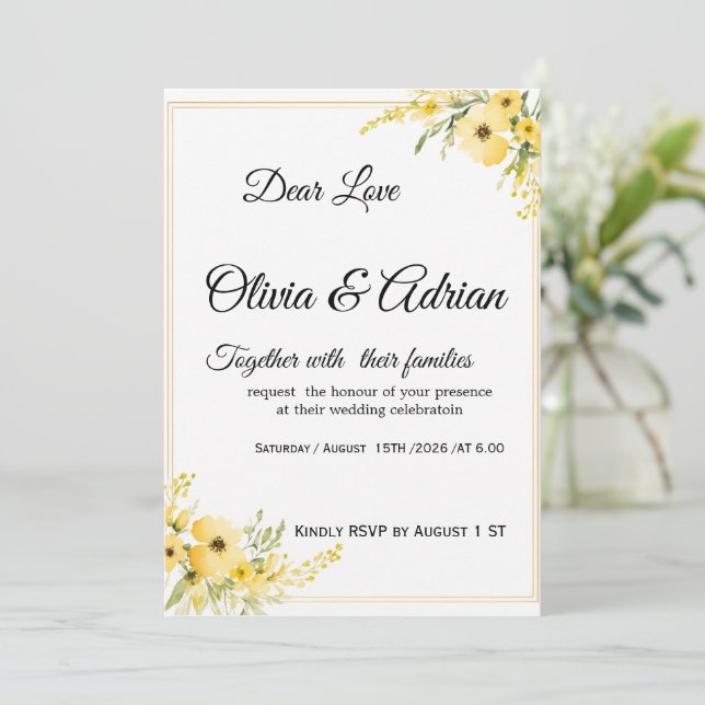 Convite de Casamento Floral Amarelo | ElegaConvite (Em pé/Frente)