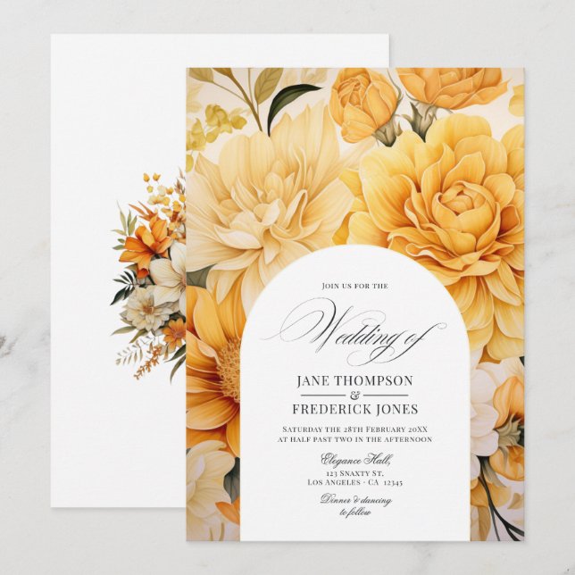 Convite de Casamento Floral Amarelo, Laranja e Mar (Frente/Verso)
