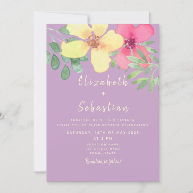 Convite de Casamento Floral Amarelo Rosa (Frente)