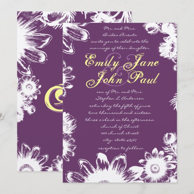 Convite de Casamento Floral Amarelo Roxo (Frente/Verso)