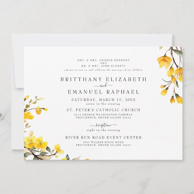 Convite de Casamento Floral Amarelo Simples Branco (Frente)