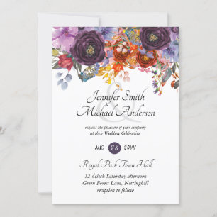 Convite de Casamento Floral Ameixa Rosas Laranja R