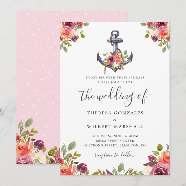 Convite de Casamento Floral Âncora Náutica (Frente/Verso)