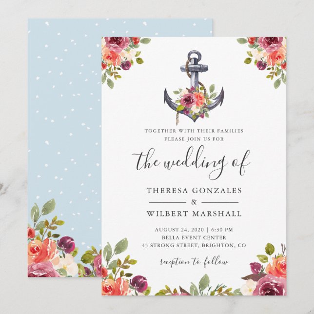 Convite de Casamento Floral Âncora Náutica (Frente/Verso)