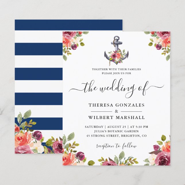 Convite de Casamento Floral Âncora Náutica (Frente/Verso)