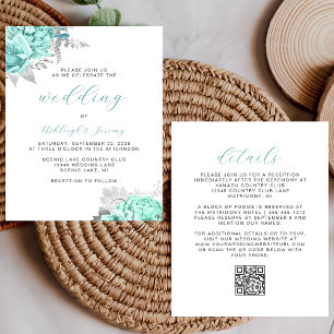 Convite de Casamento Floral Aqua Prata Código QR E