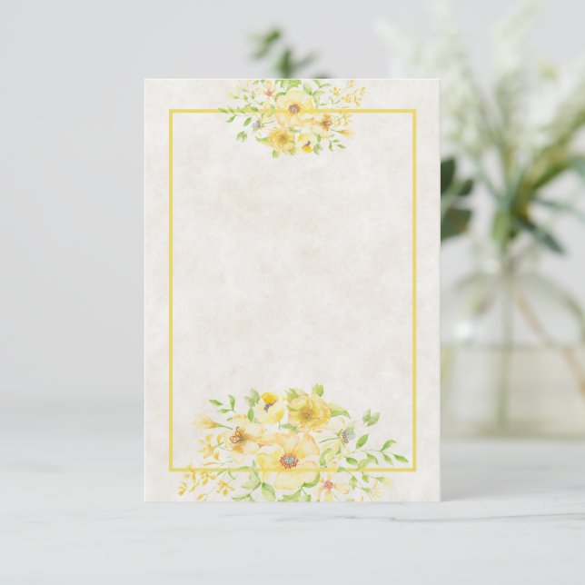 Convite de casamento floral aquarela amarela orçam (Em pé/Frente)